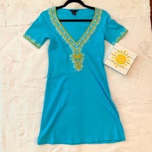 🌺2 for $23 🌺 Turquoise cotton and spandex t-shirt dress with yellow trim-EUC